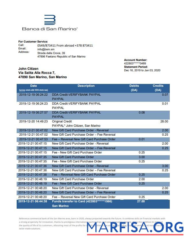 Blank San Marino Banca di San Marino bank statement word example